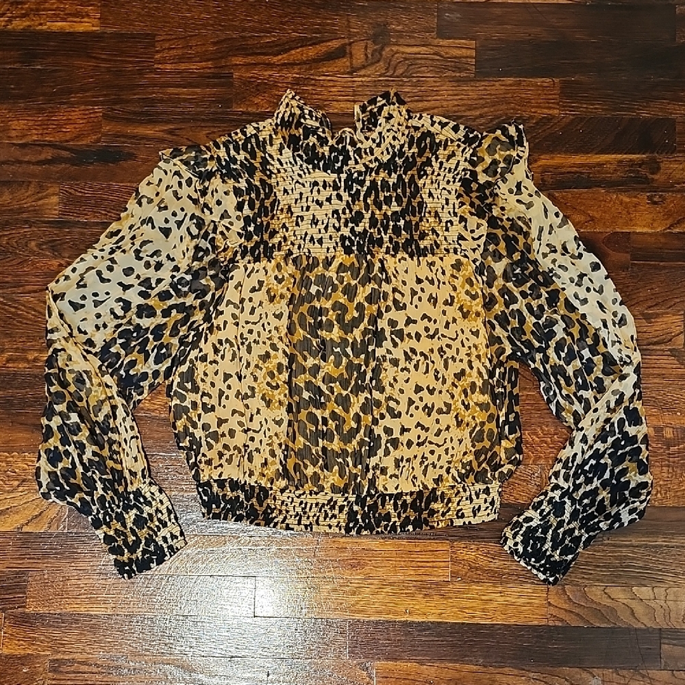 Free People Ruffle Neck Leopard Print Balloon Sleeve Blouse